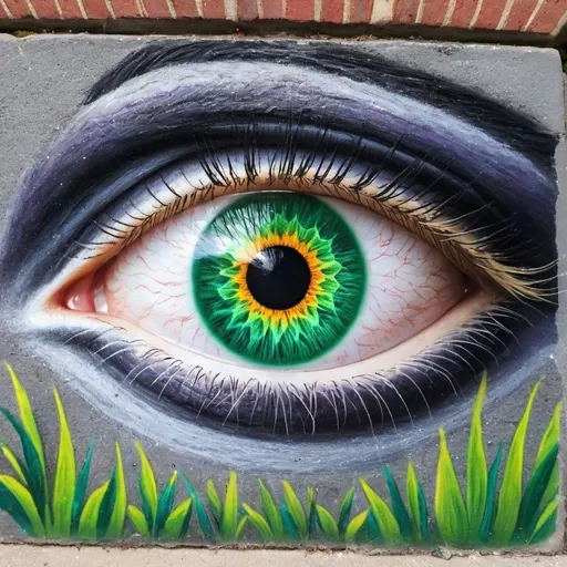 Prompt: A sidewalk chalk painting of the iris eye of a green eye human.