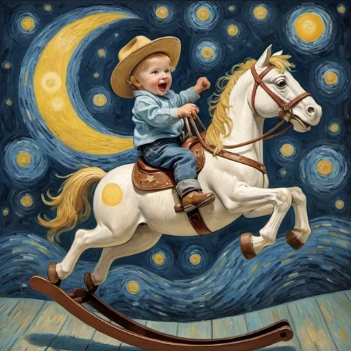 Prompt: a toddler wearing a cowboy hat  riding a rocking horse that is jumping over the Moon.  in  "The Starry Night" by Vincent van Gogh