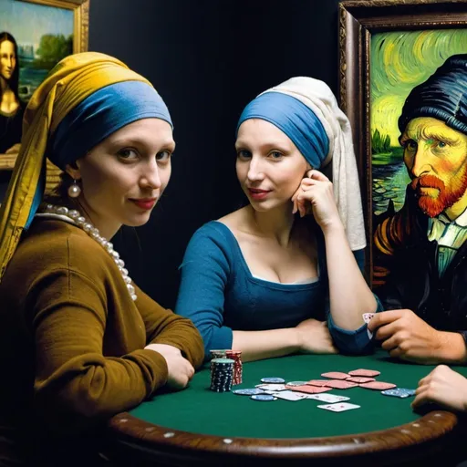 Prompt: "Mona Lisa" playing poker with "Vincent van Gogh",  and "the girl with the pearl earring" 