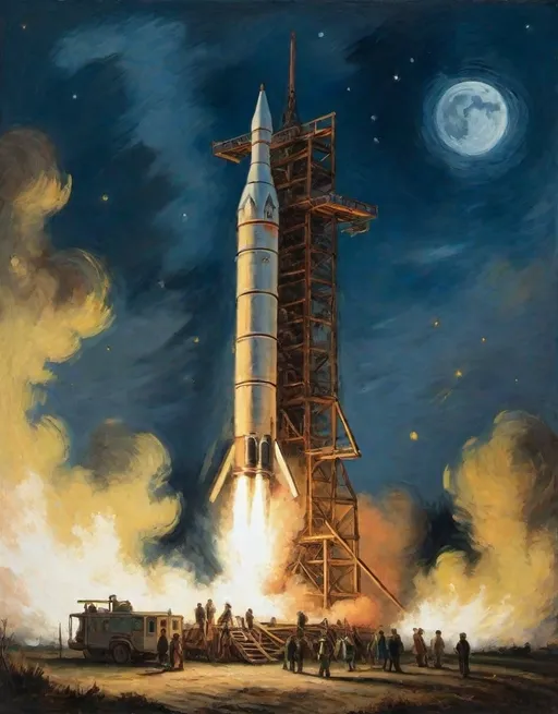 Prompt: an oil painting of a rocket is being launched on a clear night with fire andsmoke billowing out of it's back end,
Vincent van Goghi , 
post-impressionism, 
moon lighting,
rembrandt lighting, 
