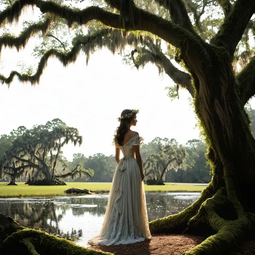 Prompt: "Journey back to the romantic and mystical atmosphere of 18th-century French Louisiana as you depict the iconic figure of Evangeline standing beneath the spreading branches of a majestic oak tree draped in Spanish moss. Let the soft, ethereal light of the bayou filter through the moss and leaves, casting gentle shadows on Evangeline's figure.

Capture the depth of Evangeline's emotions as she gazes out across the tranquil waters of the bayou, her eyes filled with longing and hope as she waits for her forever lost love, Gabriel. Infuse your artwork with a sense of melancholy and nostalgia, reflecting Evangeline's enduring devotion and the timeless themes of love and loss.

Experiment with color, texture, and brushstrokes to convey the lush beauty of the Louisiana landscape and the timeless allure of Evangeline's character. Whether you choose to depict her in a moment of quiet contemplation or with a hint of movement as a gentle breeze stirs the moss and ripples the water, let your imagination transport viewers to a world of romance and enchantment.