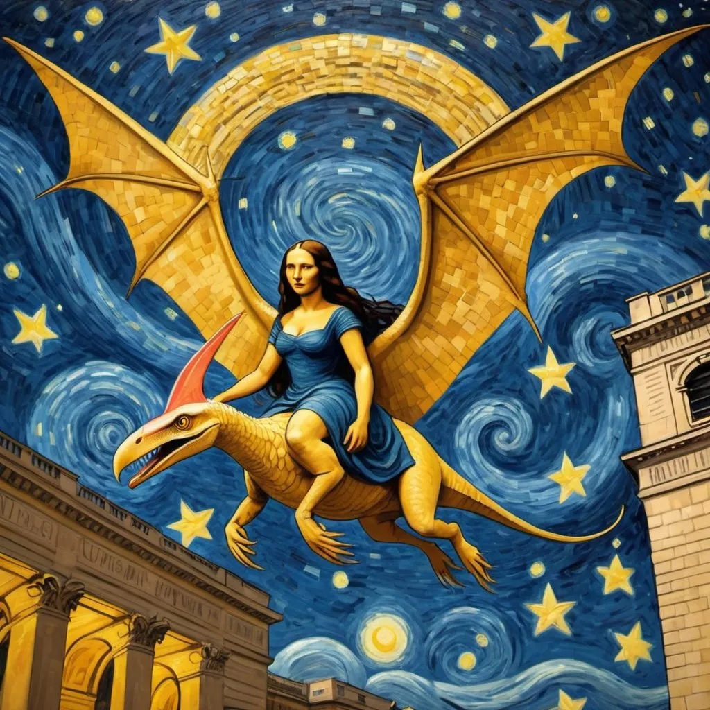 Prompt: Mona Lisa riding a Pterodactyl through the Arc de Triomphe in the style of "The Starry Night" by Vincent van Gogh