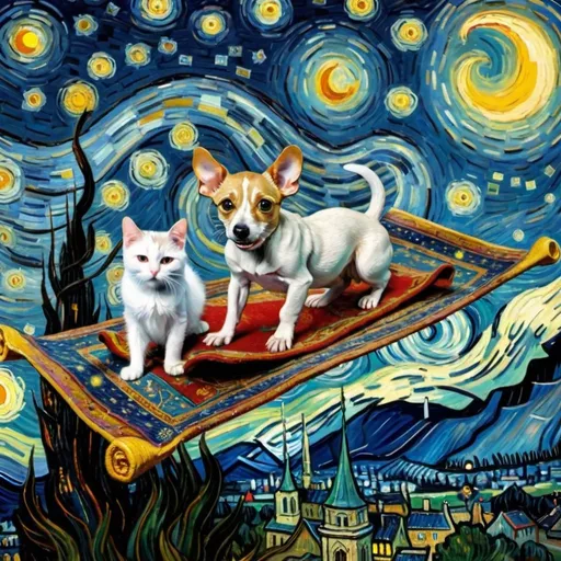 Prompt: A dog, cat, and mouse flying on a "magic carpet" in "The Starry Night" by Vincent van Gogh