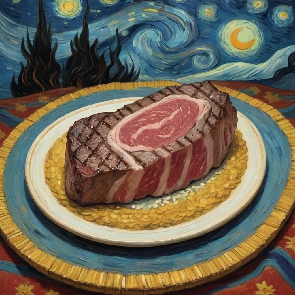 Prompt: A medium rare steak flying on a "magic carpet" in "The Starry Night" by Vincent van Gogh