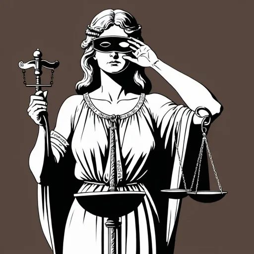 Prompt: A political cartoon illustrating  Lady Justice, with a blindfold, covers her eyes in a full robe she is holding  a scale 


