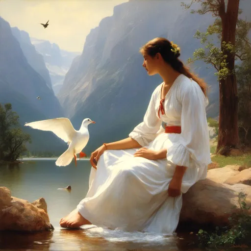 Prompt: <mymodel>a painting of a woman sitting on a rock by a lake with birds flying around her and a dove in the sky, Anne Stokes, figurative art, classical painting, a fine art painting