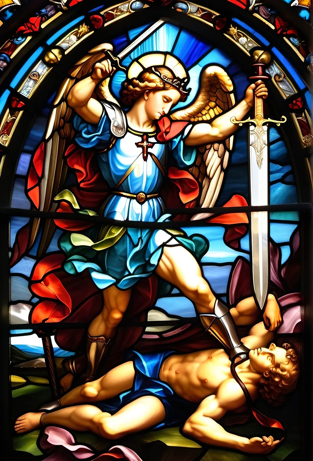 Prompt: a painting of satan being  defeated 
 step on and stab  by the angel Saint Michael's  sword hand,, Andrea Pozzo, gothic art, renaissance oil painting, a painting

Blessed Michael, archangel,
defend us in the hour of conflict.
Be our safeguard against the wickedness and snares of the devil
(may God restrain him, we humbly pray):
and do thou, O Prince of the heavenly host,
by the power of God send Satan down to hell
and with him those other wicked spirits
who wander through the world for the ruin of souls.
Amen.