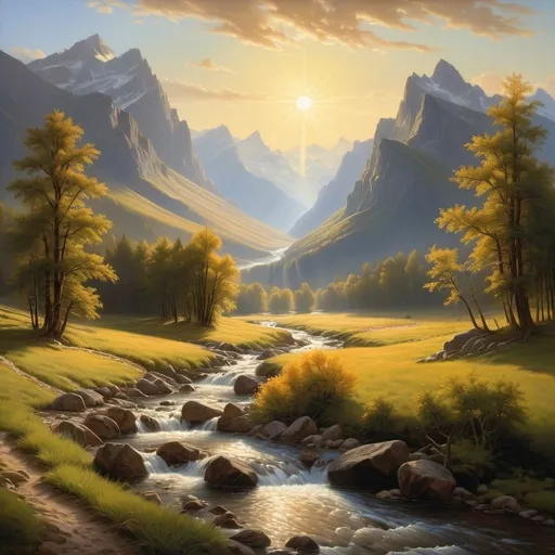 Prompt: a painting of a mountain valley with a stream running through it and a sun shining over the mountains in the distance, Christophe Vacher, american scene painting, beautiful landscape, a detailed matte painting