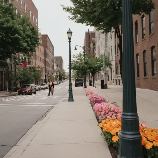 Prompt: a photo  of a city street with a lamp post and flowers on the sidewalk and a person walking down the street, 