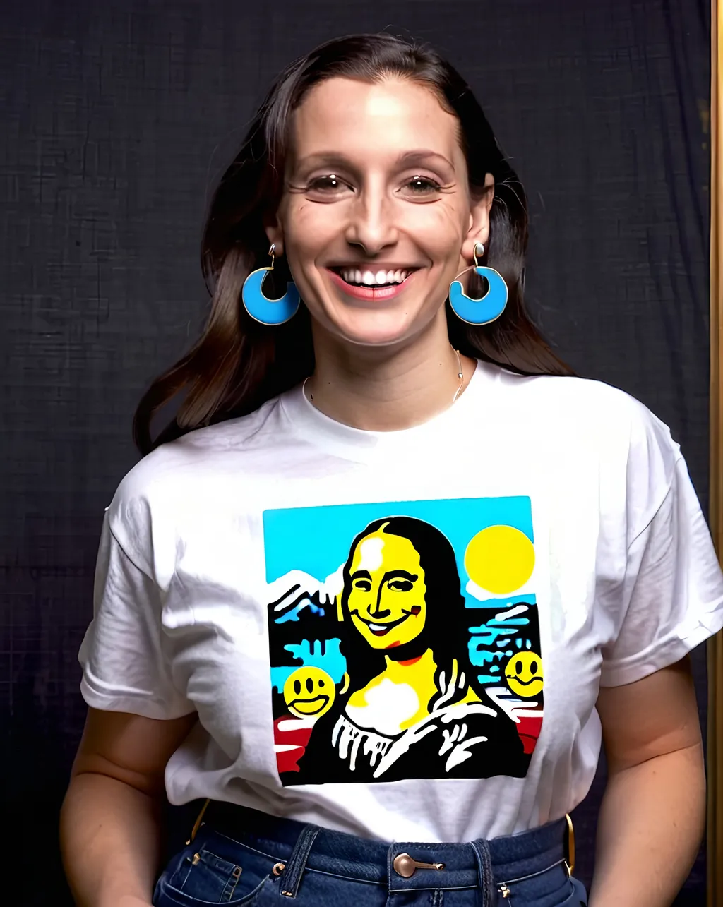 Prompt: portrait,  
( Mona Lisa), 
(earrings with a smiley face on it's earring hooks),  
(smiley-face t-shirt), 
(long blue jean), 
(red and blue tennis shoes),
photo
