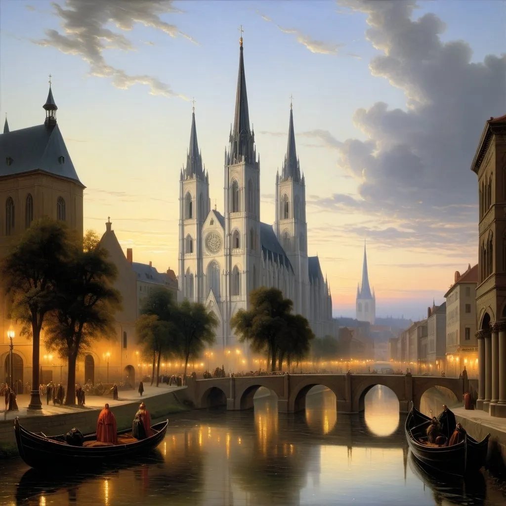 Prompt: Create a UHD, 64K, professional oil painting in the style of Carl Heinrich Bloch, blending influences from Flemish Baroque and traditional religious iconography, The towering cathedral with its elaborate spires and detailed sculptures dominated the skyline a beacon of faith and artistry, The first faint streak of daybreak appeared on the horizon casting a pale light over the sleeping world.