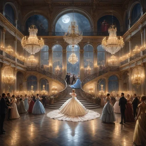 Prompt: Create a UHD, 64K, professional oil painting in the style of Carl Heinrich Bloch, blending the American Barbizon School and Flemish Baroque influences. Depict Cinderella at the grand ball, in a luxurious and opulent ballroom. Cinderella is dressed in an elegant, shimmering gown, capturing the light and casting a soft glow around her. The ballroom is adorned with crystal chandeliers, marble floors, and intricate golden decorations. Noblemen and women in lavish attire are seen dancing, chatting, and enjoying the festivities. Cinderella, standing at the top of a grand staircase, is the center of attention, with her graceful poise and radiant beauty captivating the guests. The scene is bathed in the warm light of hundreds of candles, creating an atmosphere of magic and enchantment. Outside the large, arched windows, a moonlit garden can be seen, adding to the fairytale ambiance.  