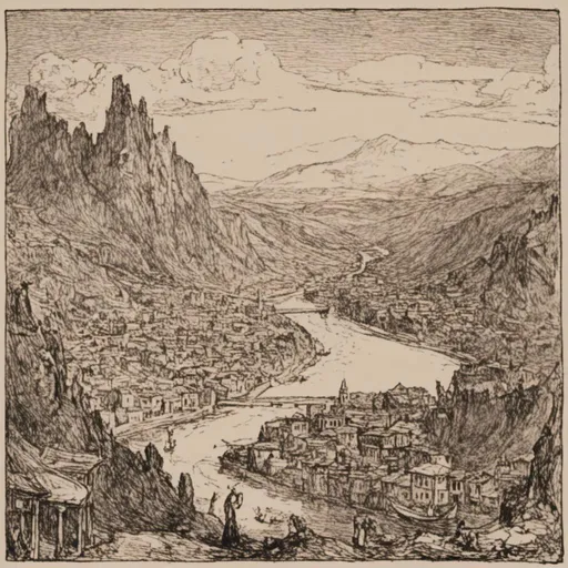 Prompt: <mymodel>  image of a city with a river running through it and mountains in the background with a river running through it, 