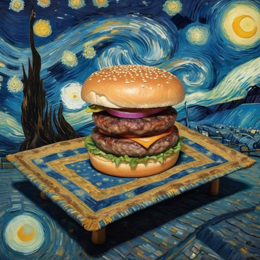 Prompt: A Hamburger steak flying on a "magic carpet" in "The Starry Night" by Vincent van Gogh