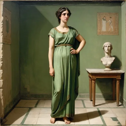 Prompt: a painting of Penelope (by Homer), in a green dress standing in a room, 8th century BC, Full body portrait, a painting