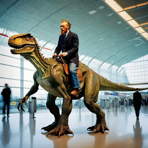Prompt: "Vincent van Gogh"  riding a tyrannosaurus in  an airport, 
photo 
