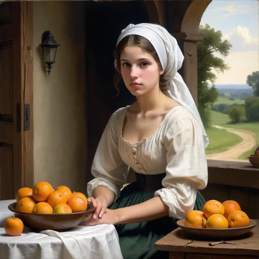 Prompt: Create a professional oil painting in the styles of Carl Heinrich Bloch, the American Barbizon School, William-Adolphe Bouguereau, and Flemish Baroque art. Depict a young woman in a serene, rustic setting, engaged in a domestic task, wearing a traditional 19th-century dress.

Subject: A young woman in a rural setting, arranging a bowl of oranges and apples on a wooden table covered with a white cloth.

Dress Description:

Overlay: Black dress with a fitted bodice.
Undershirt: White, with large, puffed sleeves gathered at the wrists, visible at the neckline and cuffs.
Skirt: Part of the black dress, long and full.
Details: Green accent fabric visible under the black sleeves. White headscarf tied loosely, covering her hair.
Composition: Position the woman centrally, leaning over the table, hands gently touching the fruit. Her expression should be serene and focused.

Background: Rustic interior with an arched doorway opening to a lush green landscape, including rolling hills, distant trees, and a bright blue sky with soft white clouds.

Lighting: Use chiaroscuro with light coming from the right, illuminating her face and hands, casting soft shadows on the table and fruit. The background should have gentle, natural light contrasting with the darker interior.

Detail and Realism: Emphasize textures and details of the dress, fruit, and setting. Ensure the fabric looks realistic with visible folds. The fruit should appear fresh and vibrant.

Color Palette: Rich, deep tones. The black dress contrasts with the white undershirt and headscarf. The fruit should be vibrant oranges and apples. The background should have earthy tones and lush greens.

Atmosphere: Calm and reflective, capturing a timeless moment of simplicity and beauty in rural life.

This rephrased prompt should help the AI tool to clearly understand the specifics of the dress and scene, ensuring accurate representation.