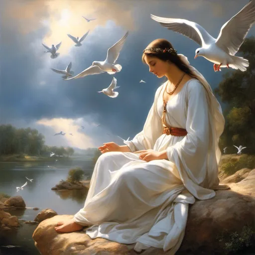 Prompt: <mymodel>a painting of a woman sitting on a rock by a lake with birds flying around her and a dove in the sky, Anne Stokes, figurative art, classical painting, a fine art painting