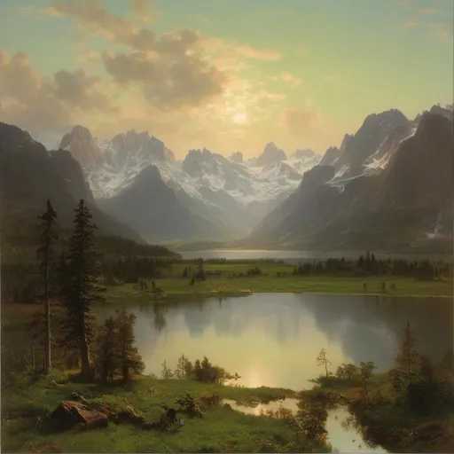 Prompt: image showing the hope of new day. looking east. In foreground there is green meadows and  large  reflecting lake. the  distended horizons of  rugged mountains with snow on the peaks. The sky is completely clear of clouds. <mymodel>