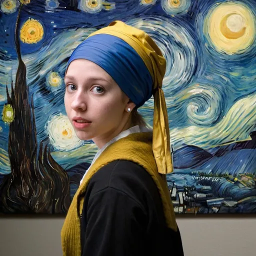 Prompt: "the girl with the pearl earring" running in late for a college class in "The Starry Night" by  Vincent van Gogh