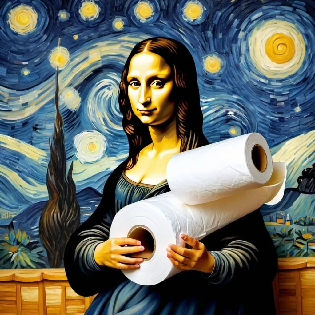 Prompt: Mona Lisa  rolling a house with toilet paper  in the style of "The Starry Night" by Vincent van Gogh