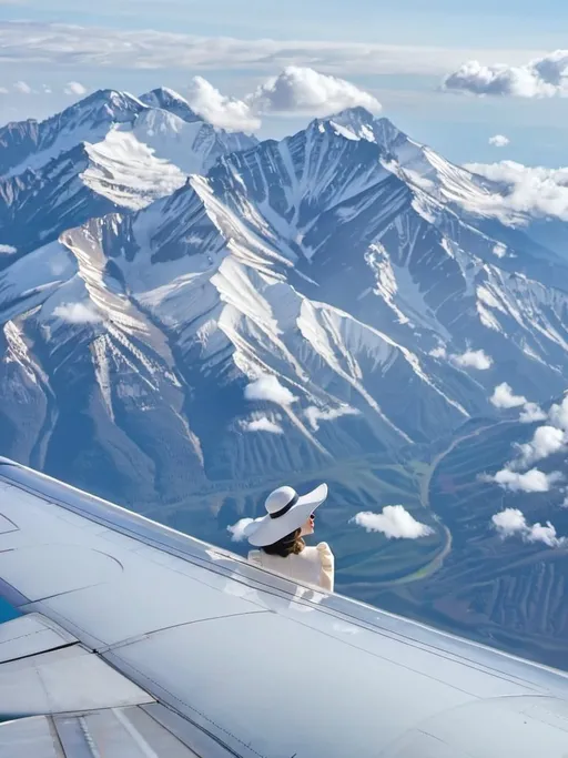 Prompt: a view of something crazy a (( woman in a Dress with a high neck line and white hat)) is sitting on the wing of the plane in flight,


