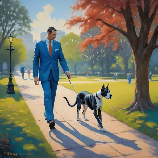 Prompt: a painting of a cat walking a "Great Dane" on a leash in a park with a man in a blue suit,  naive art, kinkade, a fine art painting