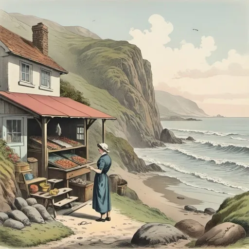 Prompt: fishmonger,hand-colored vintage English engraving circa 20th century, a home at an ocean beach by waterfall in the the mountains colorful, romanticism,full body