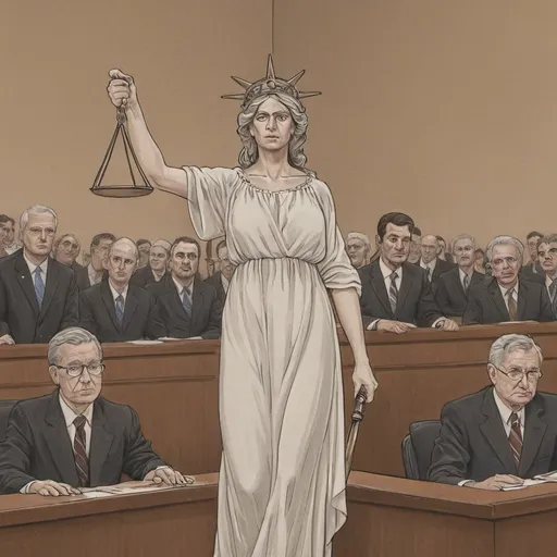 Prompt: "Craft a striking political cartoon that vividly exposes the unfairness of Schedule A defendant lawsuits within the SAD scheme. Illustrate Lady Justice, wearing her traditional blindfold, standing in a courtroom setting. However, instead of holding balanced scales, one side of the scale should be burdened with a poop emoji, representing the unjust weight placed upon defendants. The other side should be empty, symbolizing the absence of fairness and equity in the legal process. Surround Lady Justice with courtroom spectators reacting with shock and dismay to the blatant unfairness unfolding before them. Use this cartoon to highlight the flaws in the legal system and advocate for reforms that ensure equal treatment and due process for all involved."
