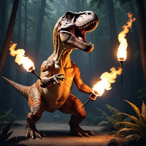 Prompt: a Tyrannosaurus  juggling torches