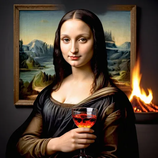 Prompt: Mona Lisa holding glass of  hot volcanic lava   at night 