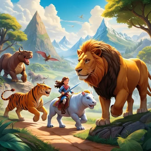 Prompt: "Create an illustration capturing the epic journey of six unlikely heroes on a quest to save a princess from the clutches of a tyrannosaurus. Let your imagination roam as you depict the lion, bull, tiger, rhinoceros, hippopotamus, and unicorn traversing treacherous landscapes, facing off against the fearsome beast, and ultimately uniting with the princess to overcome adversity. Show the bonds of friendship, the thrill of adventure, and the triumph of courage in your artwork. Feel free to add your own unique twists and details to bring this fantastical tale to life!"