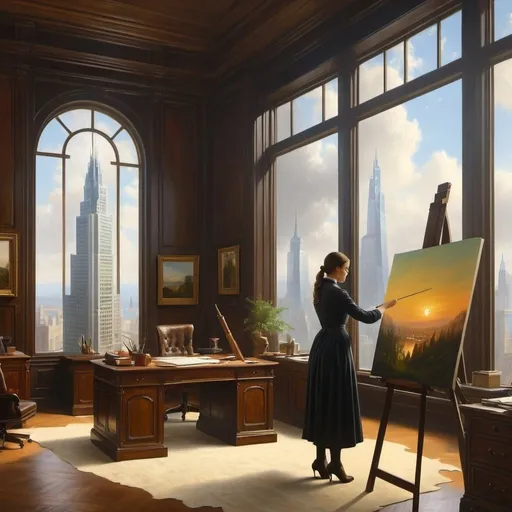 Prompt: painting of a woman working in  an office as an architect designing a skyscraper, 
Albert Bierstadt,
a realistic painting,
UHD, 
 64K