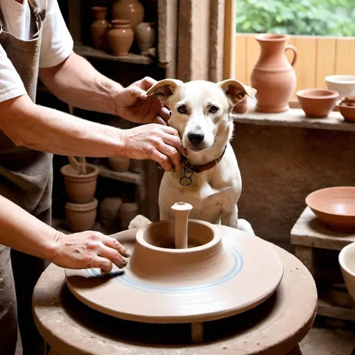 Prompt: a dog making pottery on pottery wheel