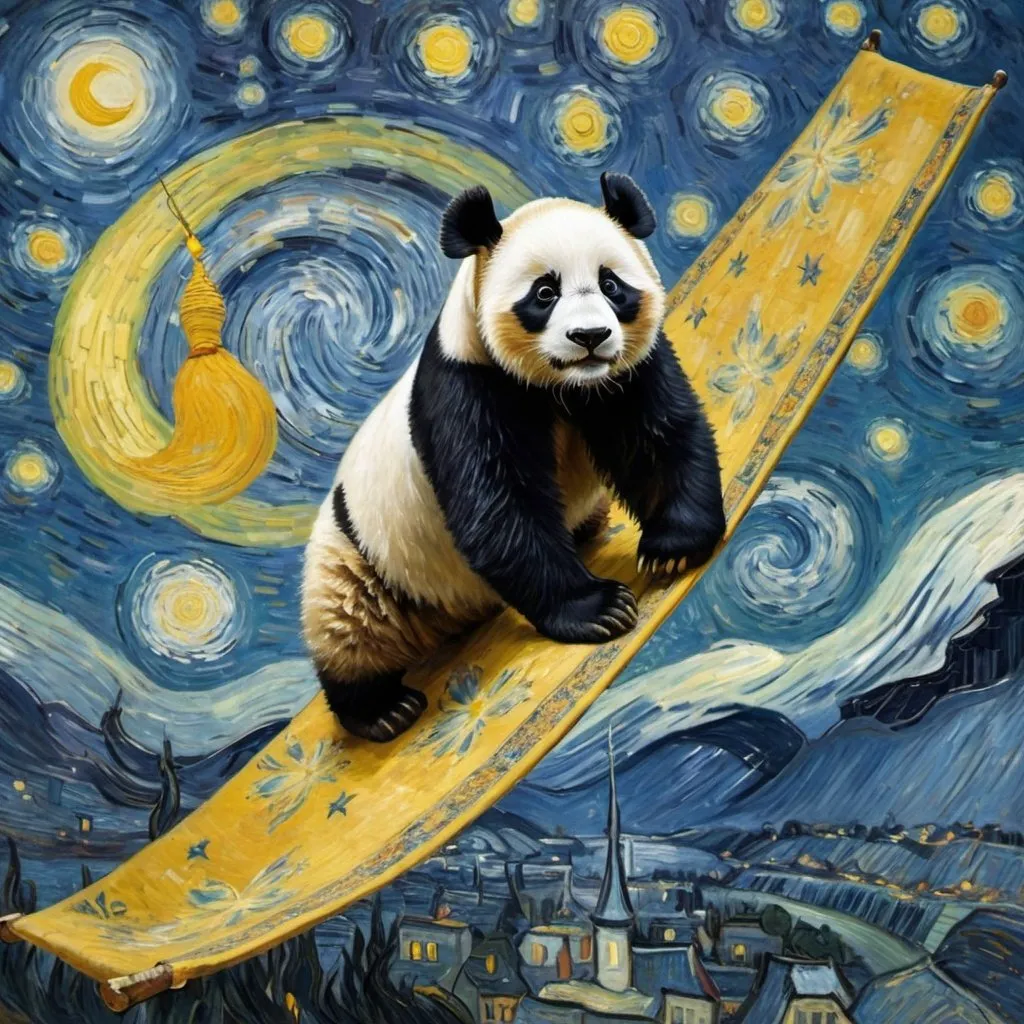 Prompt: A panda flying on a "magic carpet" in "The Starry Night" by Vincent van Gogh