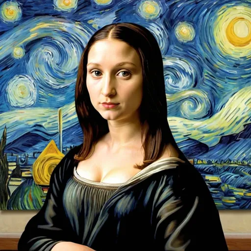 Prompt: "Mona Lisa" run in late for a college class in   in "The Starry Night" by Vincent van Gogh