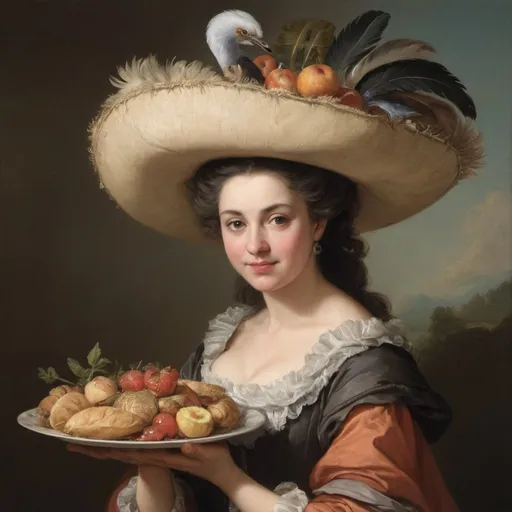Prompt: a painting of a woman in a hat holding a plate of food and a feathered hat on her head, Élisabeth Vigée Le Brun, rococo, painting, a painting