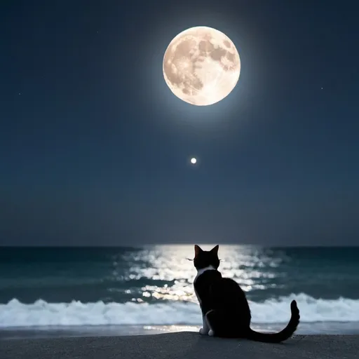 Prompt: A cat knocking the Moon into the sea.