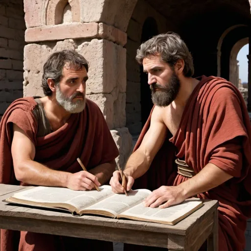 Prompt: A realistic depiction of Paul and Silas  during bible times. reading reading pompeii scrolls, People should be middle eastern looking



