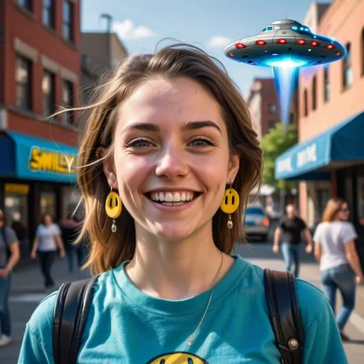 Prompt: photorealistic portrait of a [(27 year-old woman), (a smile on her face), ( smiley earrings), (smiley t-shirt), (long blue jean), ] in a city, looking very happy  at an attacking UFO