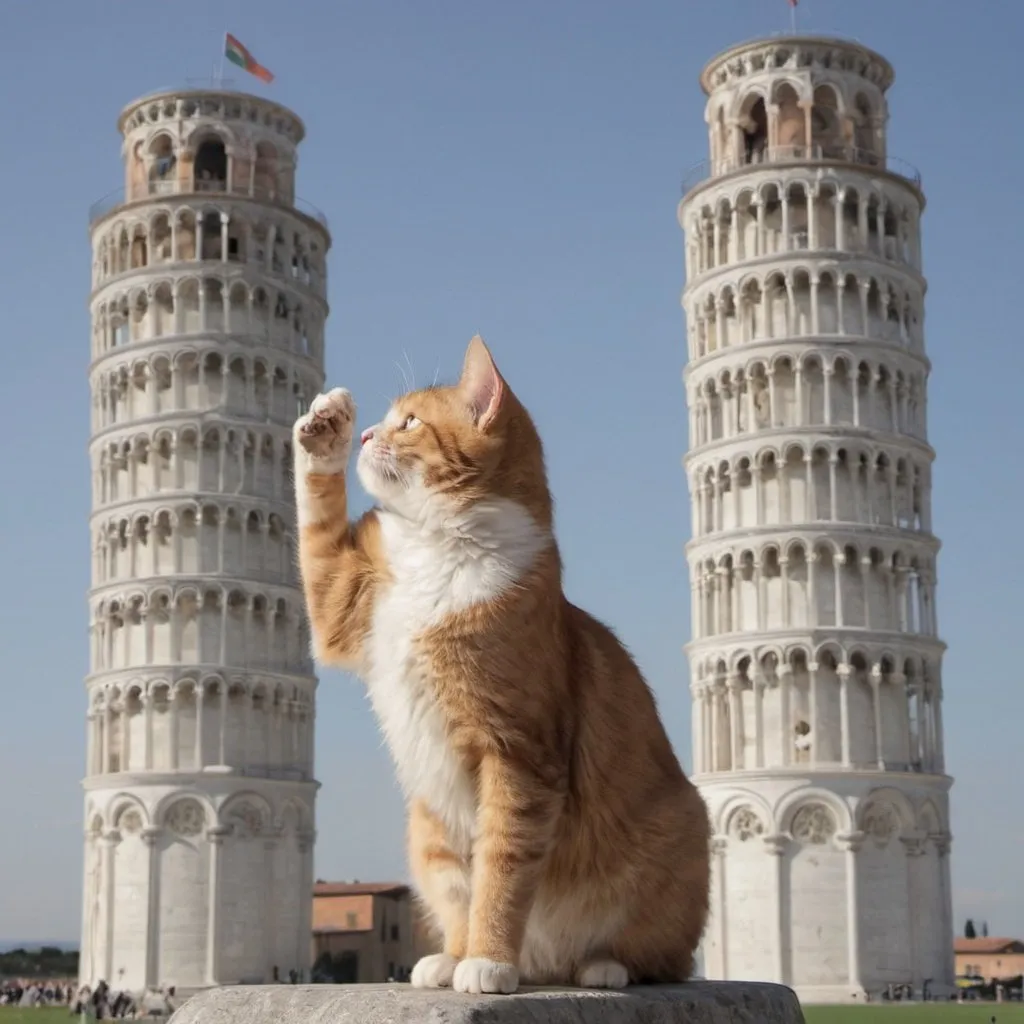 Prompt: a cat knocking over the leaning tower of pisa