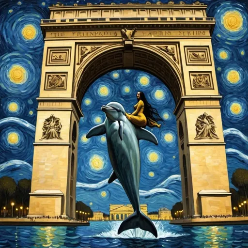 Prompt: Mona Lisa riding a  dolphin through the Arc de Triomphe in the style of "The Starry Night" by Vincent van Gogh