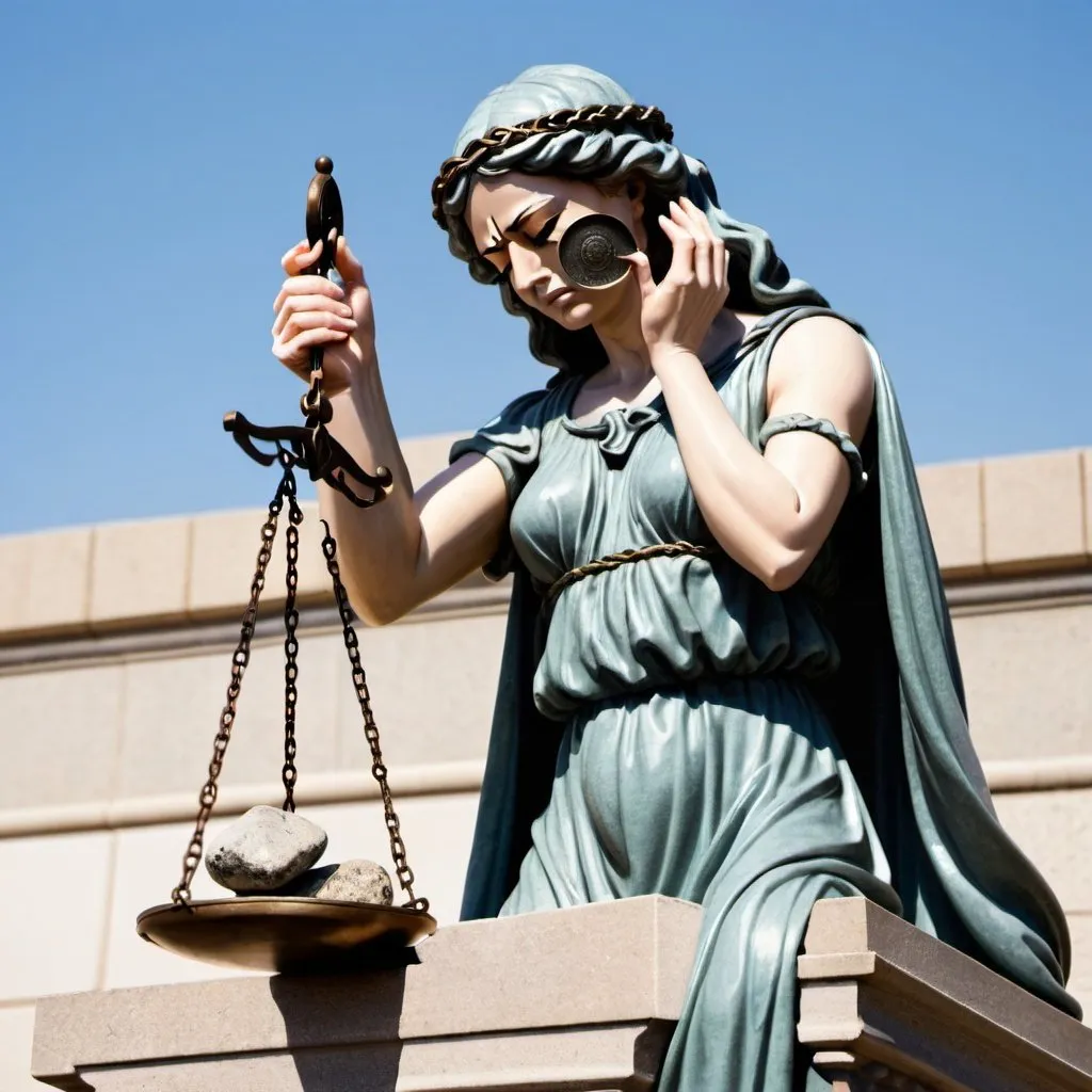 Prompt: Lady Justice, with a blindfold, covers her eyes in a robe and holds scales. One scale has rocks, and the other scale has nothing.