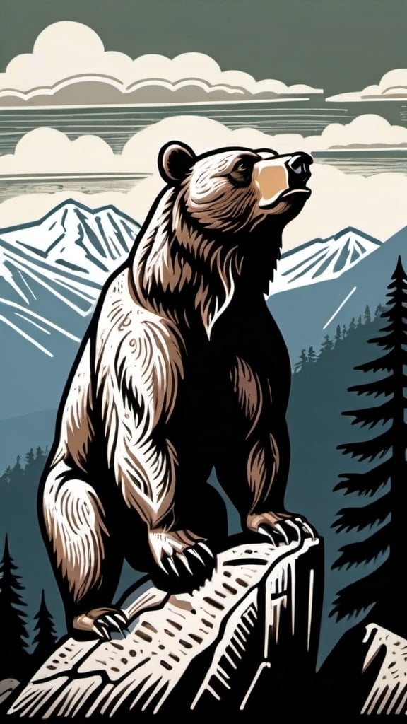 Prompt: A linocut of a proud and majestic bear  is standing upright on a rock in the wilderness with mountains and trees in the background, neo-primitivism, detailed illustration, a woodcut

