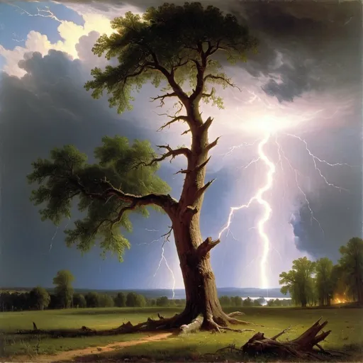 Prompt: bolt of lightning sticking a tree  Albert Bierstadt