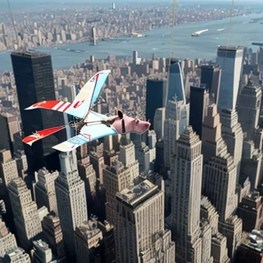 Prompt: a  pig ,  flying over New York city  on hang glider, 