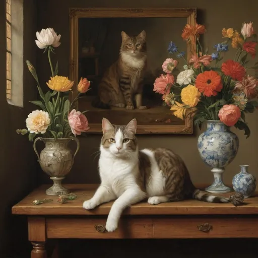 Prompt: a cat sitting on a table next to vases and flowers in a room with a painting on the wall, Ambrosius Bosschaert II, tonalism, classical painting, a still life