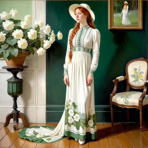 Prompt:  full body portrait  painting of a (standing on a wood floor beautiful 25-year-old woman with long hair ginger in a French braid a white hat long cotton flower print Empire Dress with a high neck line ) , Elizabeth Shippen Green, pre-raphaelitism, pre - raphaelite, an art deco painting