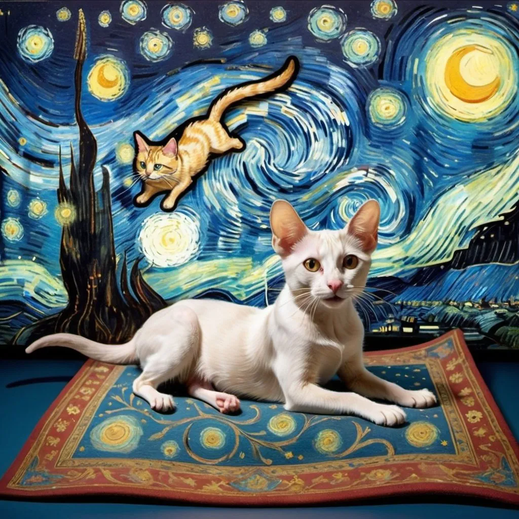 Prompt: A dog,  a cat, and a mouse, flying on a "magic carpet" in "The Starry Night" by Vincent van Gogh