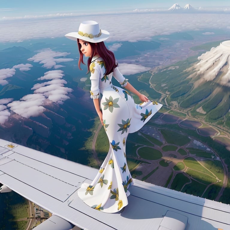 Prompt: a view of something crazy a (( 21-year-old woman in a long flower print Empire Dress with a high neck line and white hat)) is walking on top of the wing of the plane in flight, High Above Mt. Rainier


